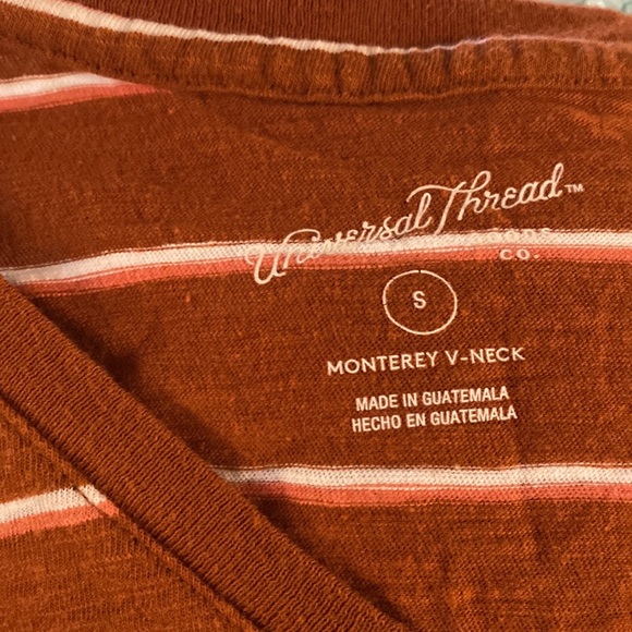 Universal Thread Orange & White Stripe Monterey V-Neck Front Pocket T-Shirt - Picture 3 of 4